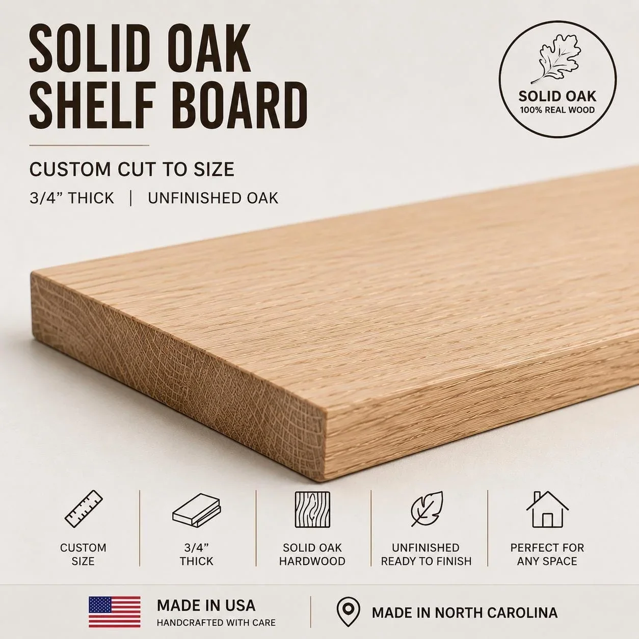 Cut to Size Solid Red Oak Shelf Board – 3/4″ Thick, Custom Length & Width