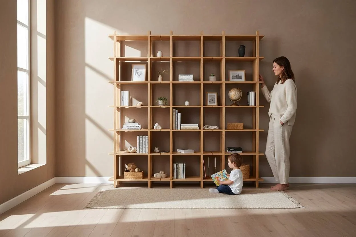 Solid Oak Modular Bookshelf – Modern Wooden Storage Shelf for Living Room