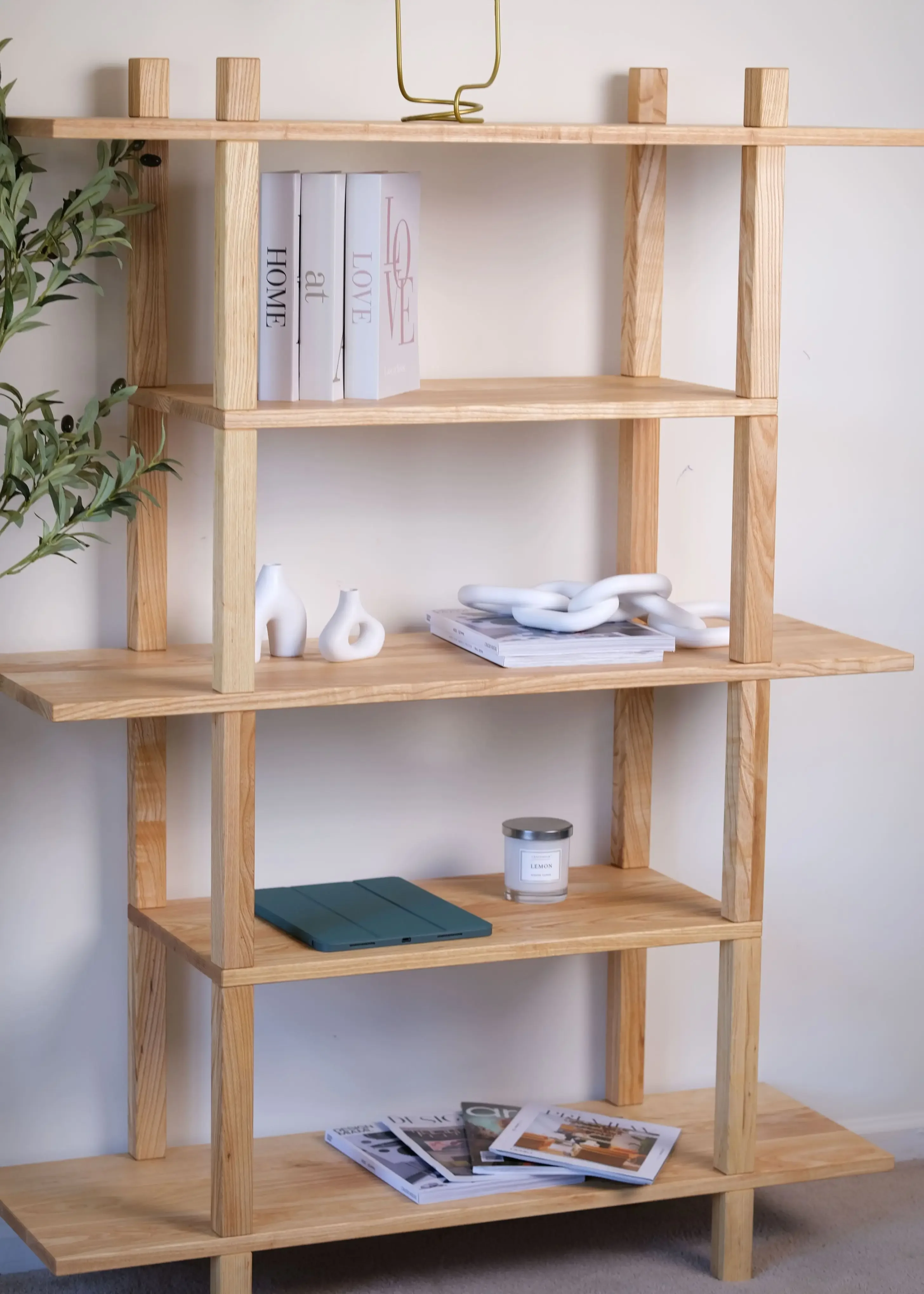 Solid Ash Bookshelf – Minimalist Tool-Free Shelf in Custom Sizes
